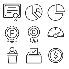 Equity Financing Icons. Line style icons of Equity Financing Options: share certificate, equity pie chart, cap table slice,