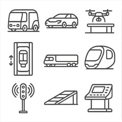 Futuristic Transportation Pods. Line style icons of Transportation Pods: autonomous shuttle, maglev car, drone docking bay,