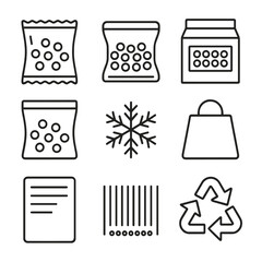 Frozen Pea Packaging Icons. Line style icons of Frozen Pea Packaging Designs: plastic bag, vacuum-sealed pouch, cardboard box,
