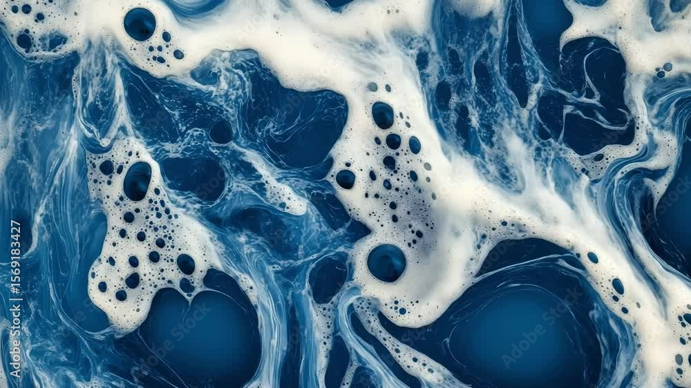 Poster bubbling foam and vibrant blue hues interact on the surface of still water, creating intricate and m