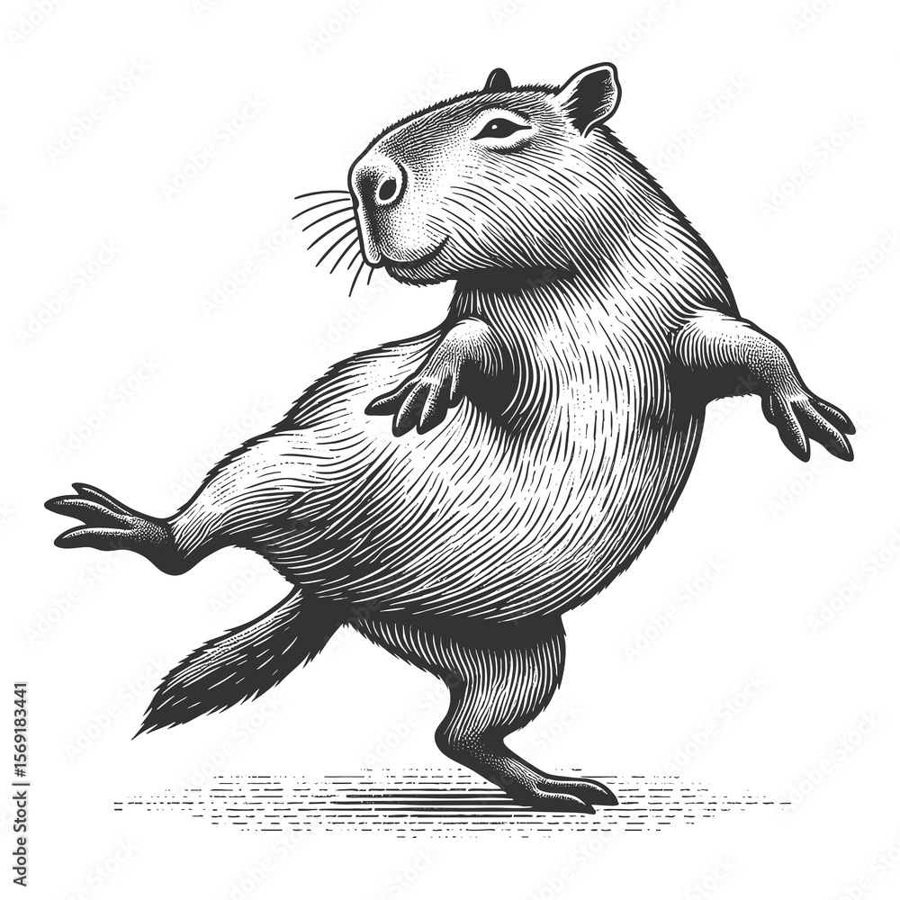 Poster dancing capybara sketch engraving generative ai fictional character raster illustration. scratch boa