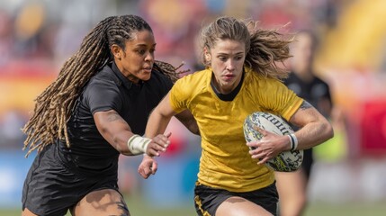Female rugby players competing in intense match on sunny day