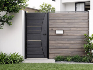 A modern house with a stylish gate and fence in a residential setting.