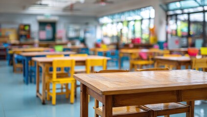 Empty school classroom, brightly colored desks and chairs