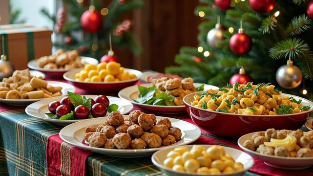 Christmas dinner table full of dishes with food and snacks, New Year's decor with a Christmas tree in the background. Buffet or catering concept..