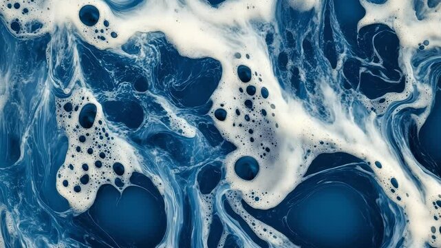 Bubbling foam and vibrant blue hues interact on the surface of still water, creating intricate and mesmerizing patterns