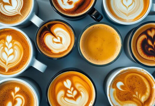 Close-up overhead shot of diverse latte art in small cups, summer, surface - Powered by Adobe