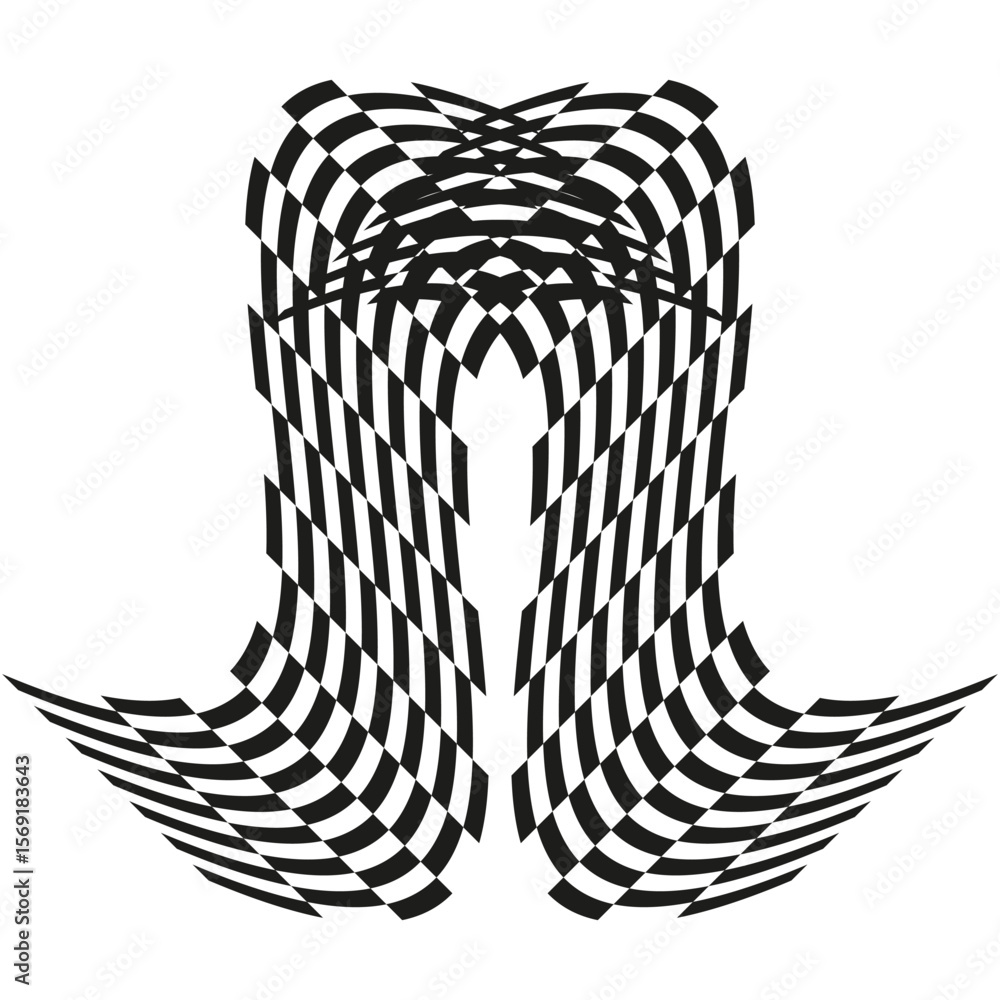 Poster distorted checkered pattern. abstract geometric forms. optical illusion graphic. vector surreal desi