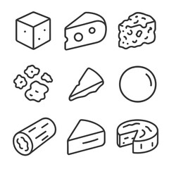 Savory Cheese Icons. Line style icons of Savory Cheese Flavors: cheddar cube, gouda wedge, blue cheese chunk, feta crumble,