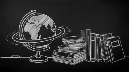 Animated chalkboard illustration of a rotating globe and stacked books, symbolizing back to school themes. Perfect for educational videos, classroom content, school promotions, and learning campaigns - Powered by Adobe