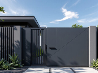 A modern house with a stylish gate and fence in a residential setting.