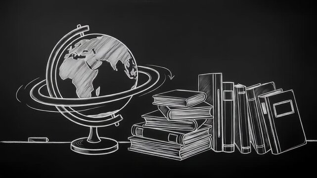 Animated chalkboard illustration of a rotating globe and stacked books, symbolizing back to school themes. Perfect for educational videos, classroom content, school promotions, and learning campaigns