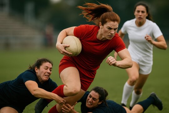 Intense women rugby match with player in red breaking through determined defenders on field
