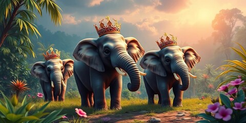 Cute crowned elephants in vibrant jungle, magical dreamland,  lush,  flowers