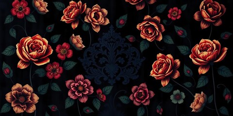 Dark floral Victorian wallpaper, abstract baroque grunge design, vintage retro style, antique, victorian