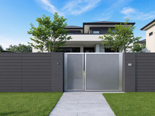 A modern house with a wooden fence providing privacy and a sleek design to the outdoor space.