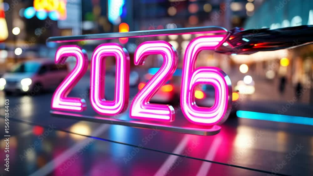 Poster futuristic digital display with illuminated 2026 in neon cyberpunk style