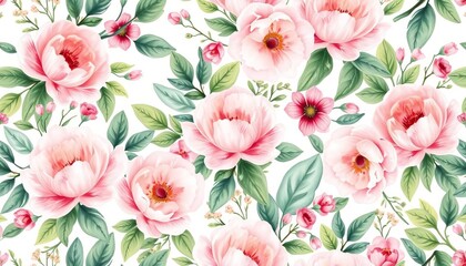 Delicate watercolor floral seamless pattern, featuring soft blooms and lush greenery in pastel hues, botanical, background