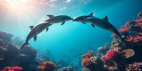 Fototapeta premium Dolphins arc through vibrant coral reef, sunlight sparkling, paradise, wildlife