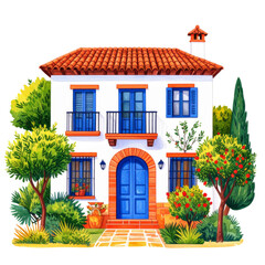Fototapeta premium Mediterranean White House with Blue Doors and Red Roof