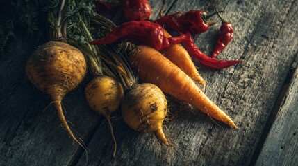 Golden beets, orange carrots, and red peppers arranged in a natural composition on aged wooden boards with gentle natural light