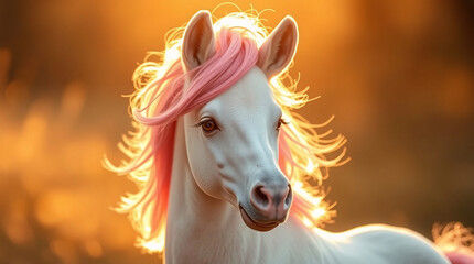 A close-up of a horse's head with a pink mane and gentle expression.