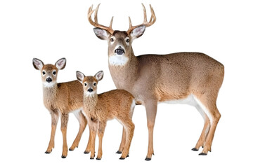 Fototapeta premium Deer family stands proudly, a majestic buck alongside two adorable fawns against a stark black background . Ai Generated Images