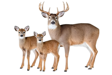 Deer family stands proudly, a majestic buck alongside two adorable fawns against a stark black background . Ai Generated Images