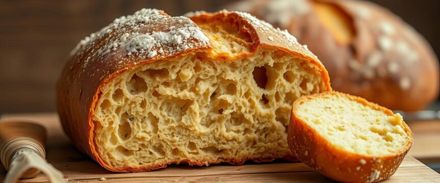 Golden-brown cob bread, rustic texture, crumbly interior,  kitchen,  crumb