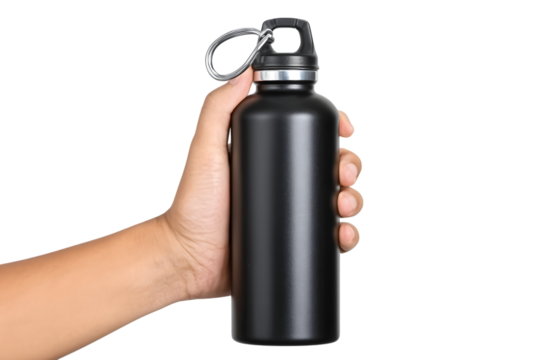 Hand Holding Black Stainless Steel Water Bottle. Ai Generated Images