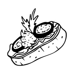 A bruschetta on a crouton with eggplants and pate drawing, party snack food sketch. Restaurant and cafe menus decoration. Vector illustration.
