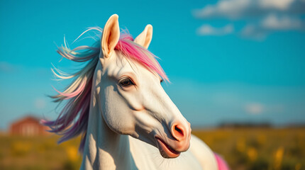 A close-up of a horse's head with a pink mane and gentle expression.