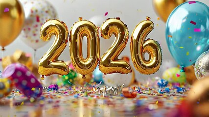 Vibrant 2026 celebration with festive balloons and colorful confetti