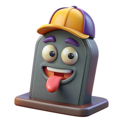 3d cartoon tombstone with baseball cap on transparent background