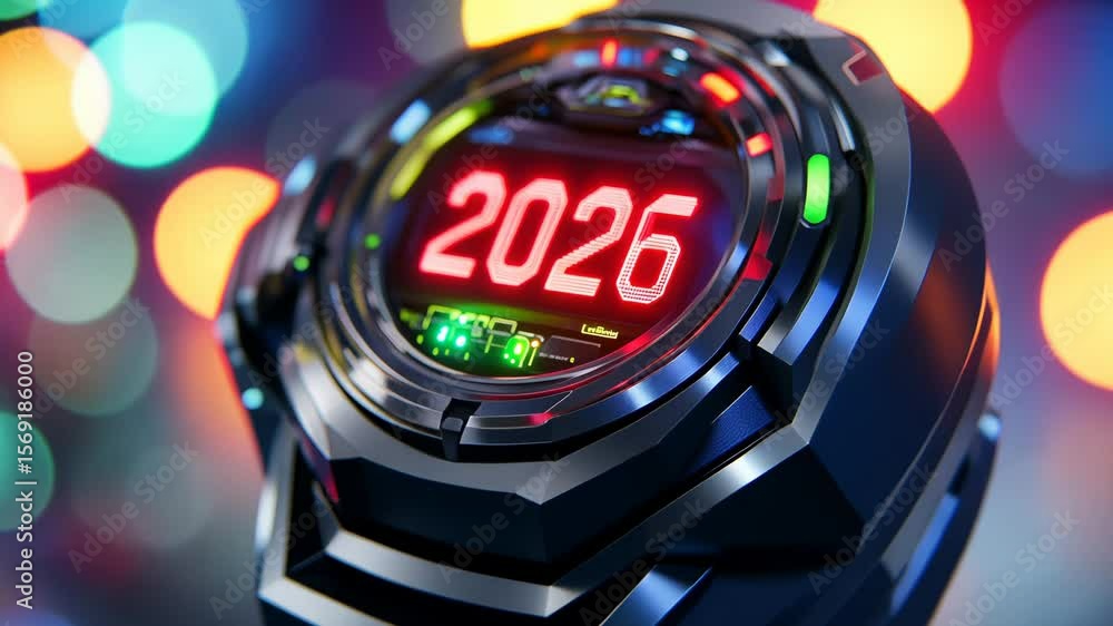 Poster futuristic digital clock display with 2026 countdown