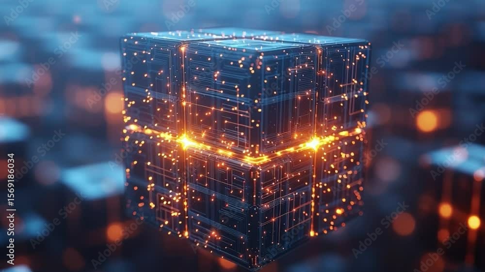 Poster data cube visualization: a futuristic glowing data cube pulsates with digital energy, its intricate 