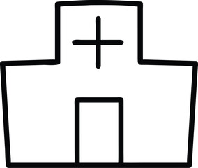 Obraz premium Simple black line drawing of a hospital building with a red cross symbol
