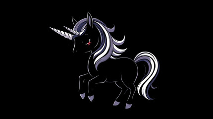 A black unicorn silhouette with glowing eyes on a dark background.