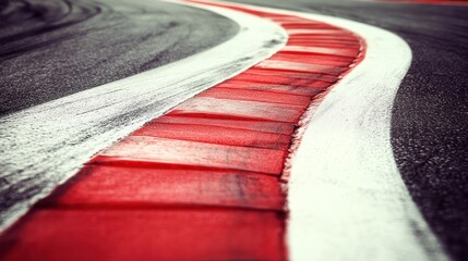 Close-up curved racing track. Red and white markings