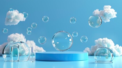 Light blue podium stage with soft floating bubbles for playful and minimal product display design