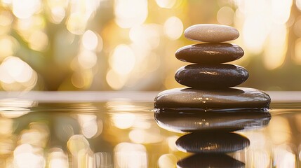 Obraz premium Stacked stones balanced on water, reflecting the golden light.