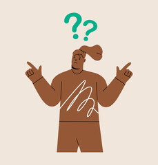 Difficult choice between two options. Confused woman makes a choice.  Colorful vector illustration