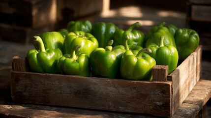 Green bell peppers arranged on a rustic wooden crate, glowing under natural sunlight that enhances their vibrant sheen