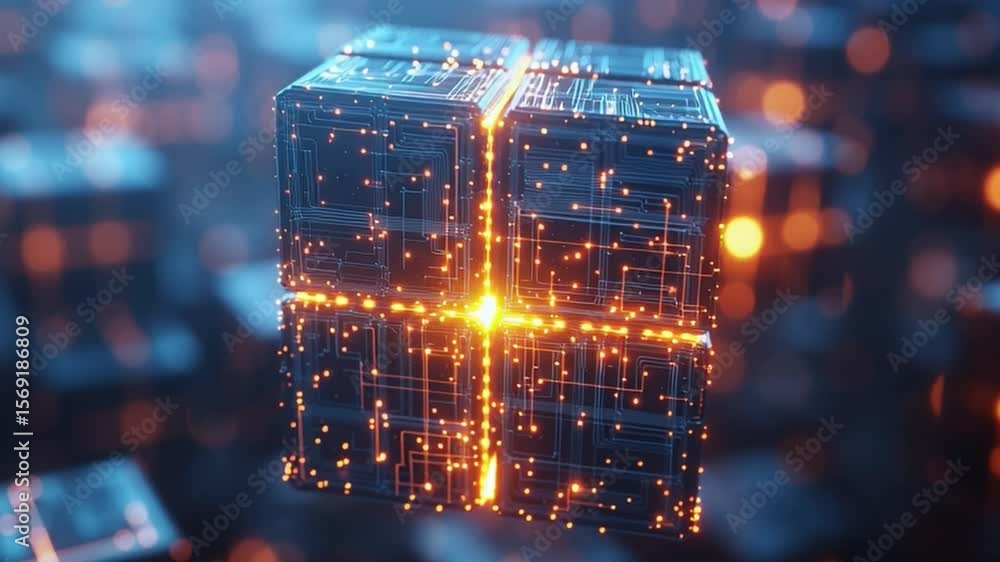 Aufkleber Glowing Data Cube: An intricate glowing data cube pulsates with light against a bokeh background, symbolizing advanced technology and innovation in a futuristic context.