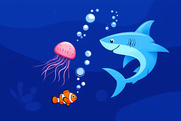 Friendly cartoon shark swims with clownfish and jellyfish