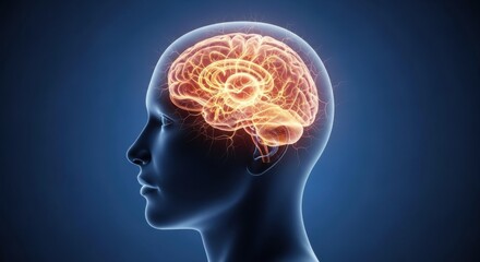 Ethereal Illustration of Human Head in Profile View with Luminous Brain Emitting Orange Glow