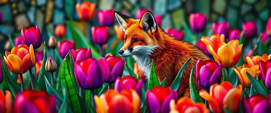 Stylized fox amidst vibrant stained-glass tulips, whimsical field, stained glass, illustration