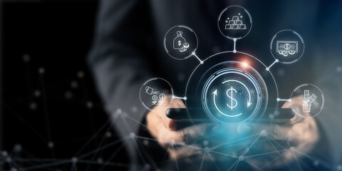 Digital Financial Growth Concept. Interacts with a tablet displaying digital finance and investment...