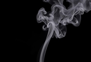 Thick, swirling grey smoke plume against black background, smoke, wood