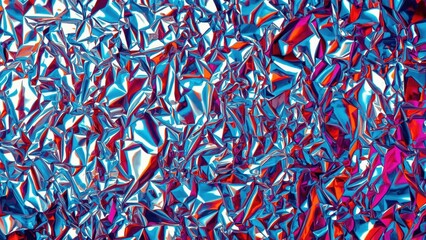 Unique texture of crumpled holographic foil reflecting vibrant blue red purple colors abstract background ideal for modern design digital art decoration festive atmosphere vivid lighting